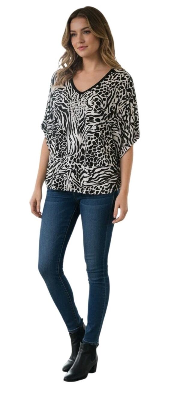 Dots Woman's Blouse Animal Print Black White Embellished Flowy Plus Top Size 2X